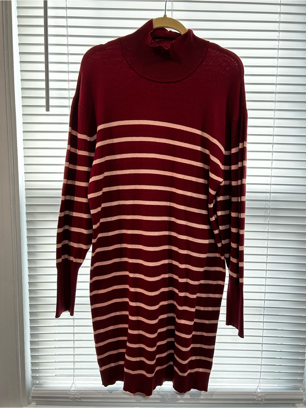 Striped Burgundy and Cream Turtleneck Knit Dress